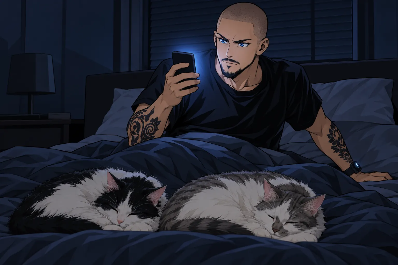 Florent réveillé en pleine nuit par l'alerte, téléphone en main, ses deux chats endormis au pied du lit.