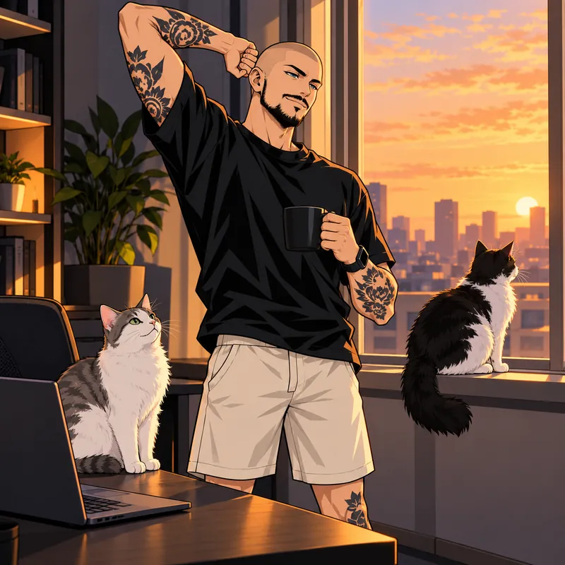 Au lever du jour, Florent s'étire, café en main ; Skunk regarde la ville depuis la fenêtre, Bud lève les yeux vers Florent.