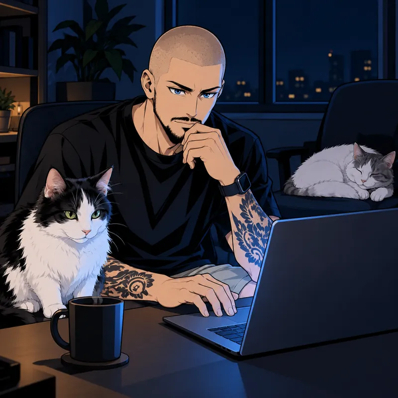 Florent à son bureau dans le noir, concentré devant son ordinateur, Skunk assis à côté de lui, Bud endormi sur un fauteuil.