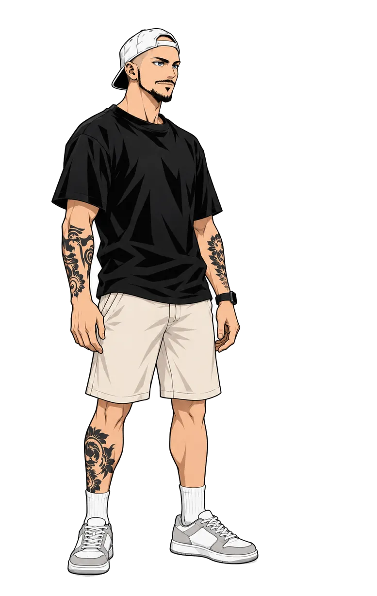 Florent dessiné en anime, ses deux chats à ses pieds