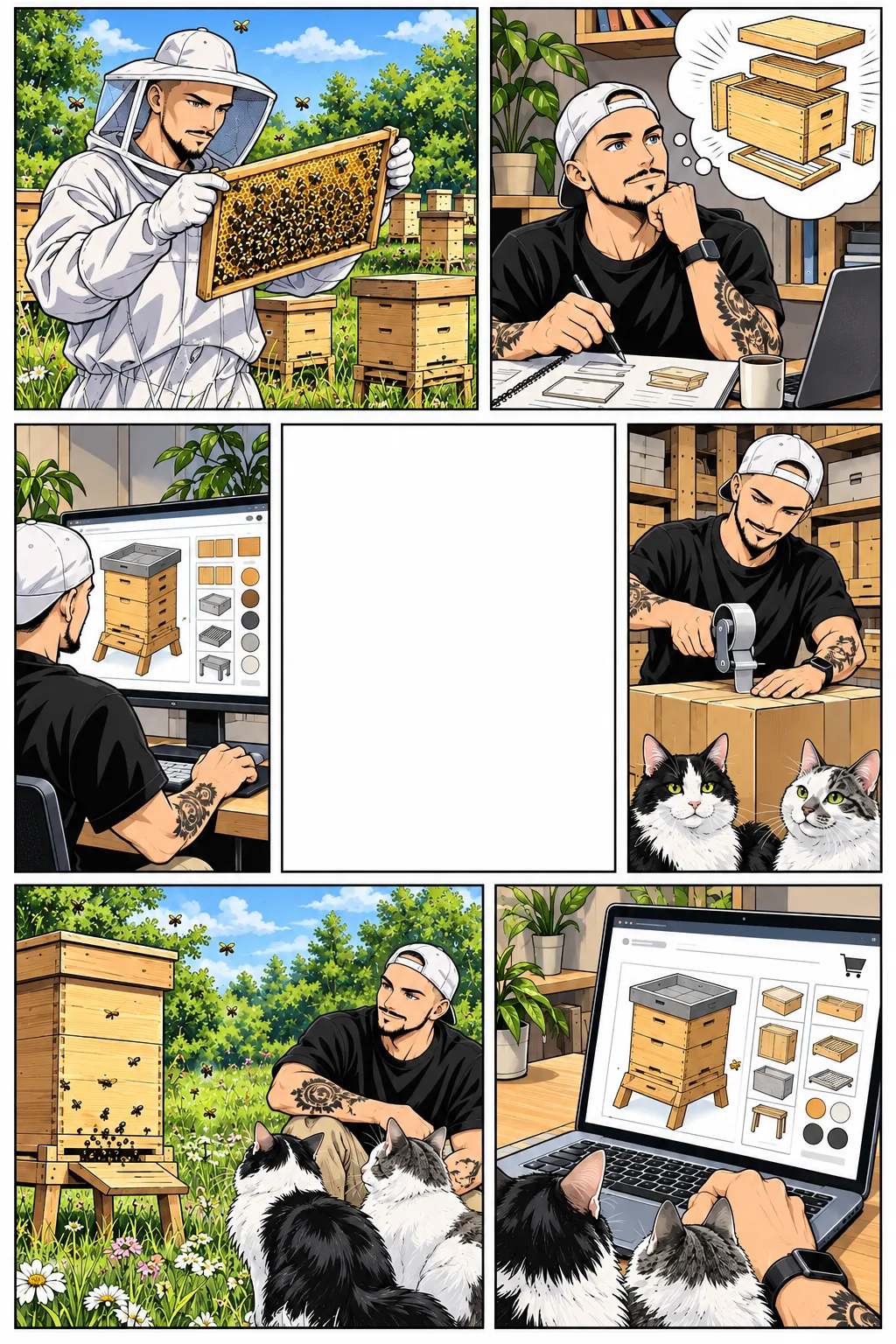 Florent en el apiario, una colmena imaginada en piezas sueltas, armada en su laptop y luego montada en el apiario, bajo la mirada de Skunk y Bud.