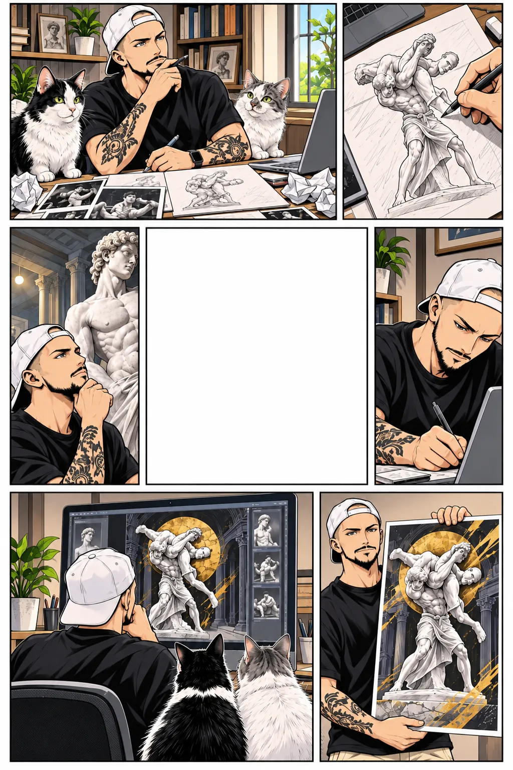 Florent estudia estatuas antiguas, dibuja luchadores de mármol y luego descubre el afiche dorado con Skunk y Bud.