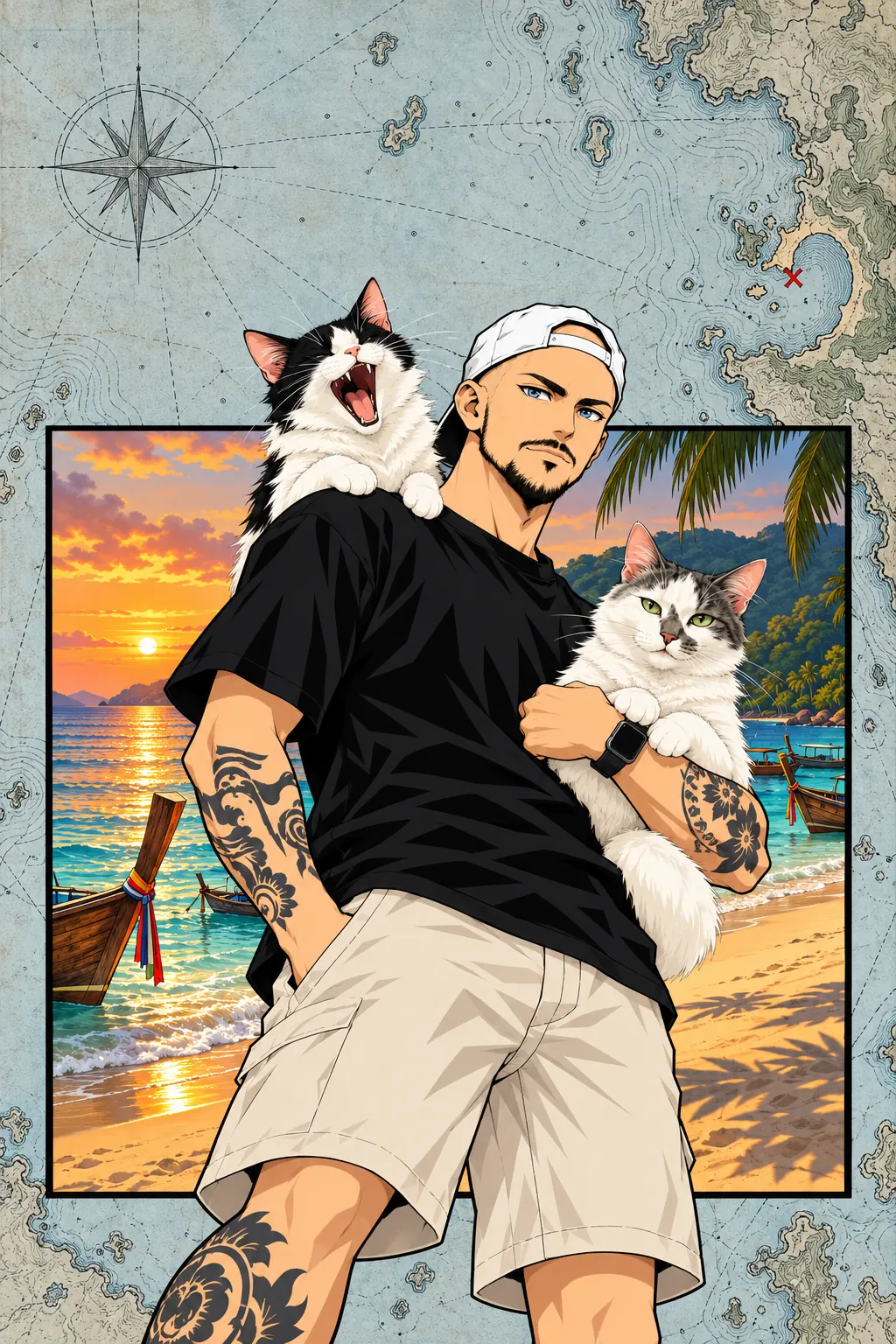 Florent, con Skunk en el hombro y Bud en brazos, salen de una vista de la playa de Kamala al atardecer, sobre un mapa antiguo de Phuket