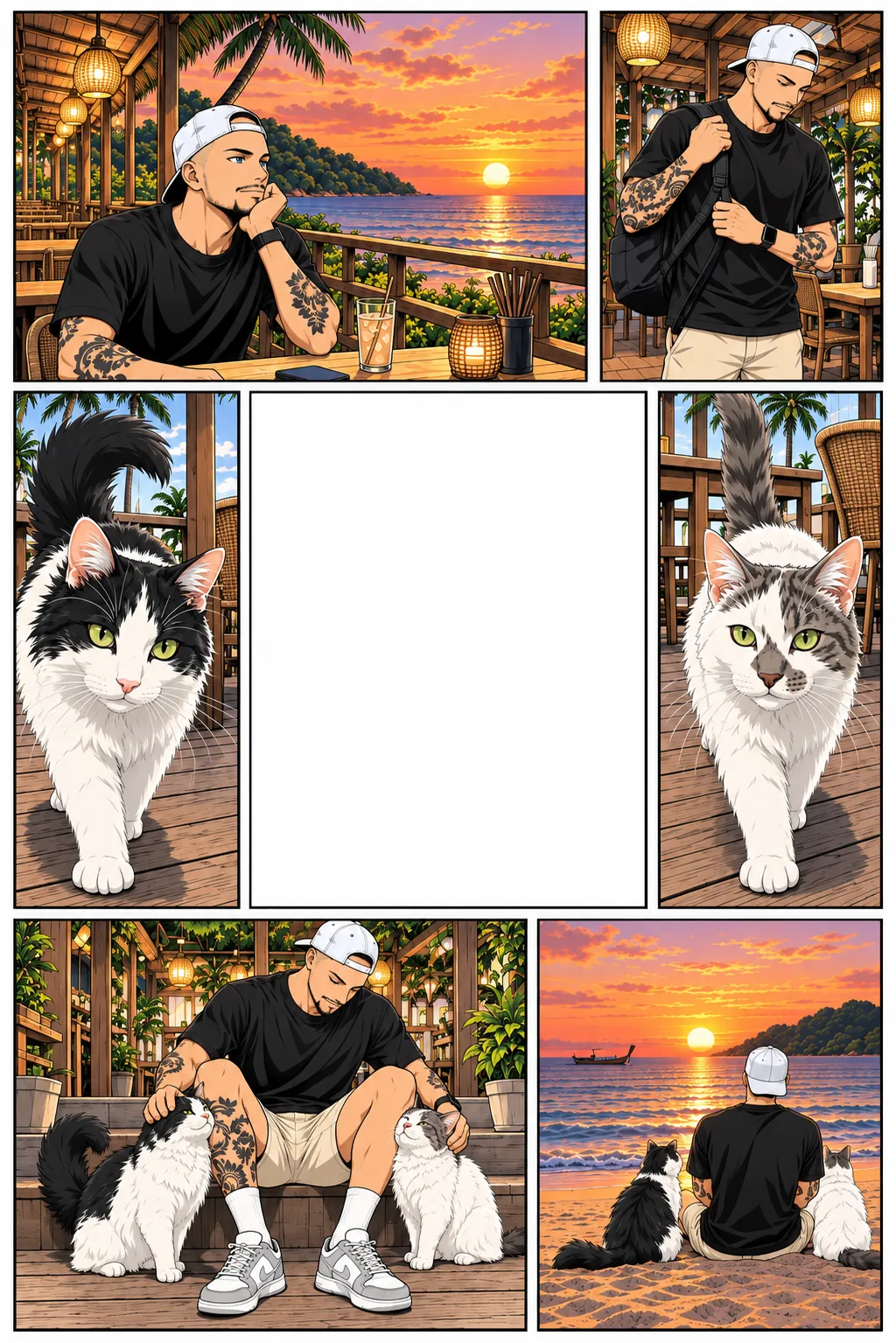 Fin del día en Kamala: Florent en una terraza frente al mar, Skunk y Bud que se le unen, y luego los tres de espaldas ante la puesta de sol.