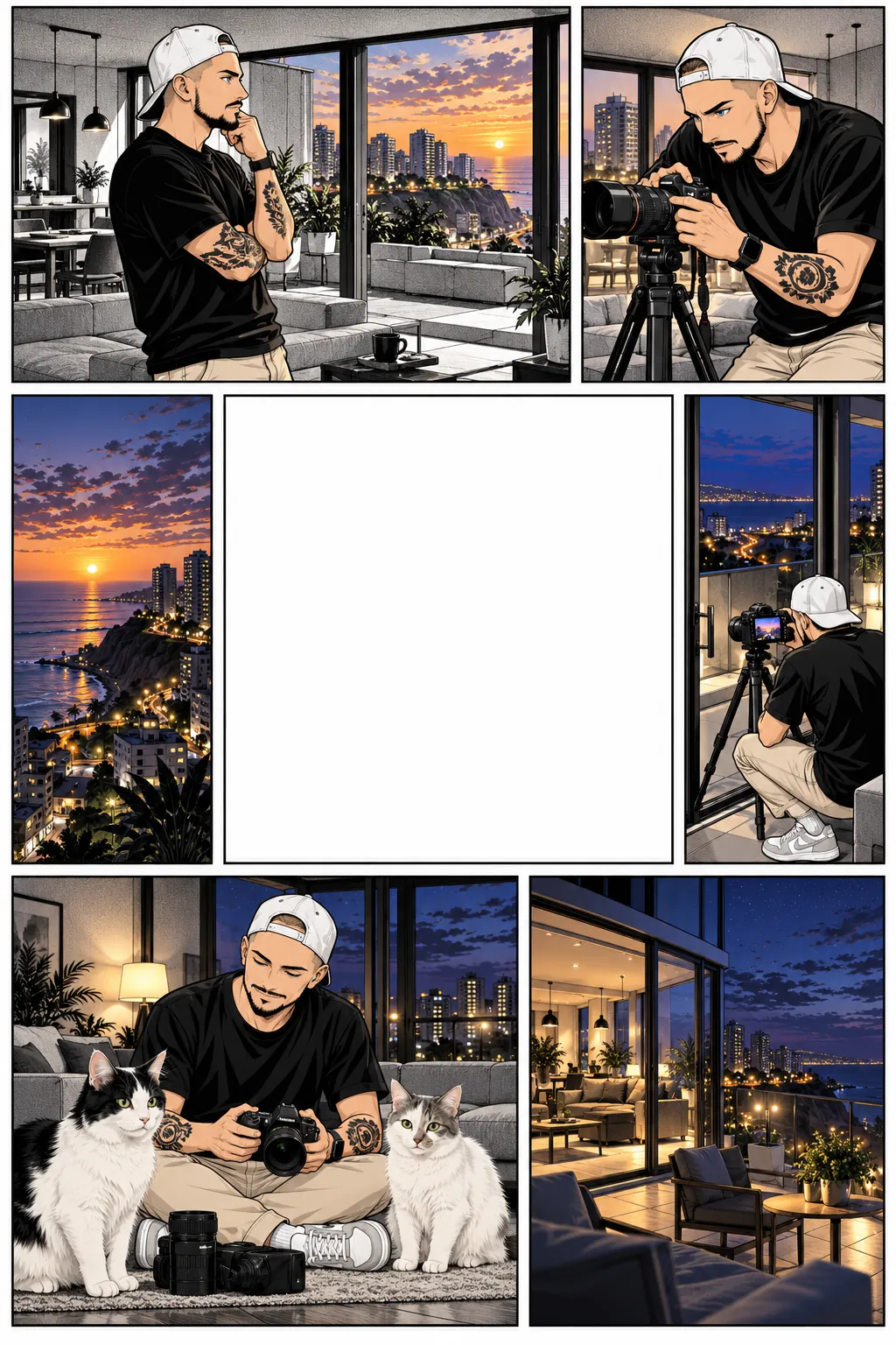 Florent observa la costa de Lima del atardecer a la noche, fotografía las torres que se encienden y luego se sienta con Skunk y Bud frente a la ciudad iluminada.