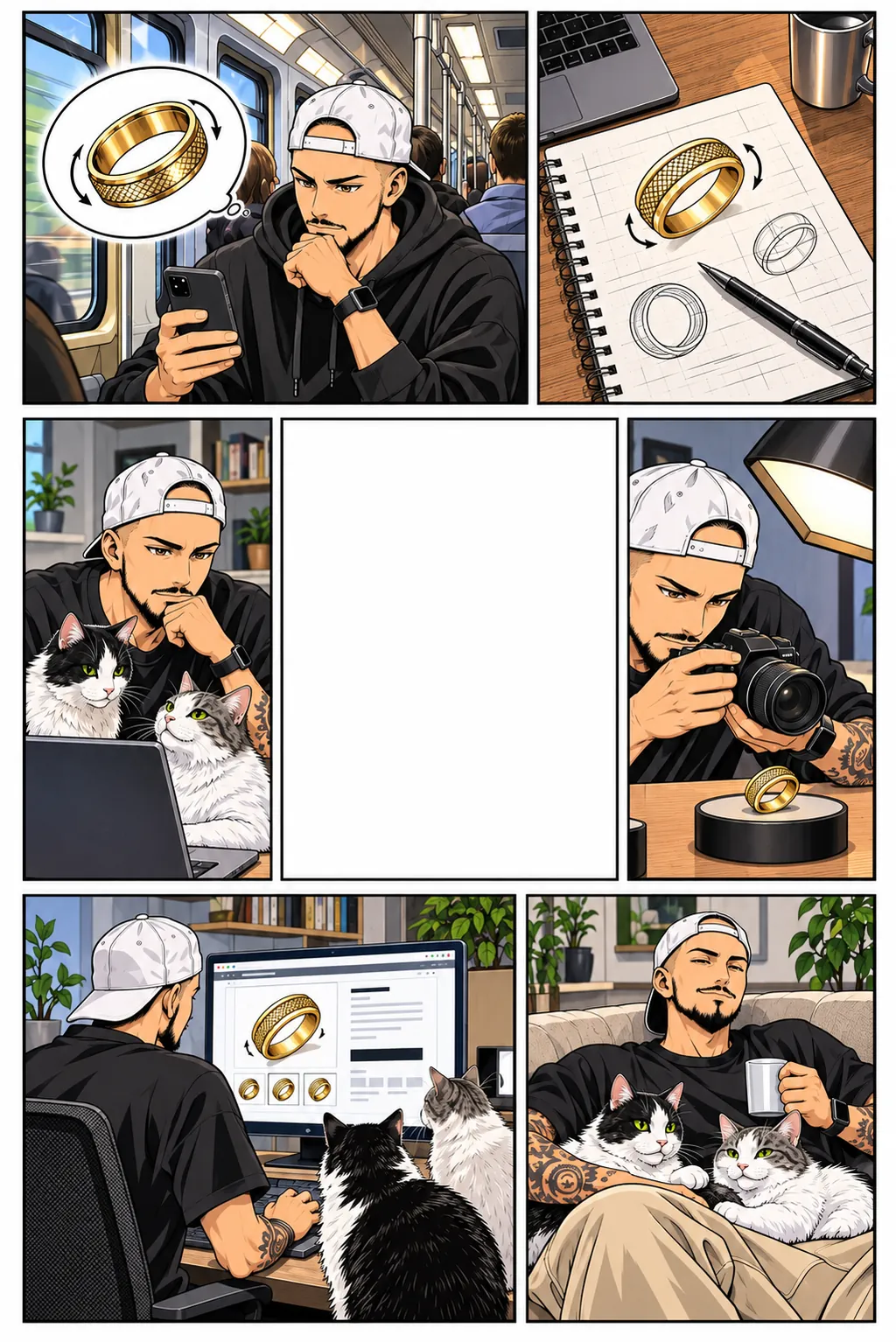 Florent imagina un anillo que gira, lo dibuja, lo fotografía y lo publica, y luego se relaja en el sofá con Skunk y Bud.