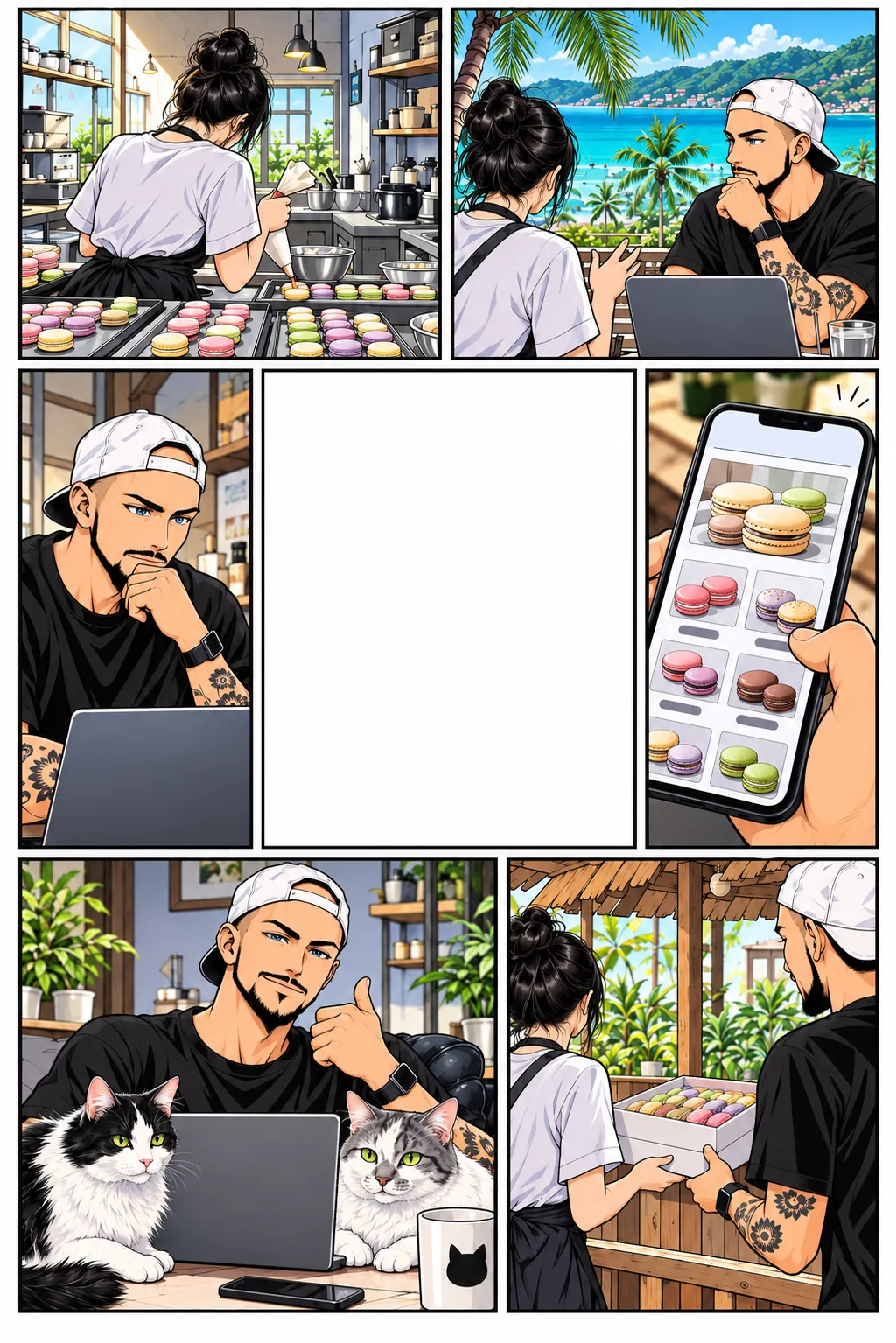 Una pastelera desbordada por sus tandas, Florent que imagina la preventa frente al mar de Kamala, la tienda en un celular y luego una caja de macarons entregada; Skunk y Bud miran.