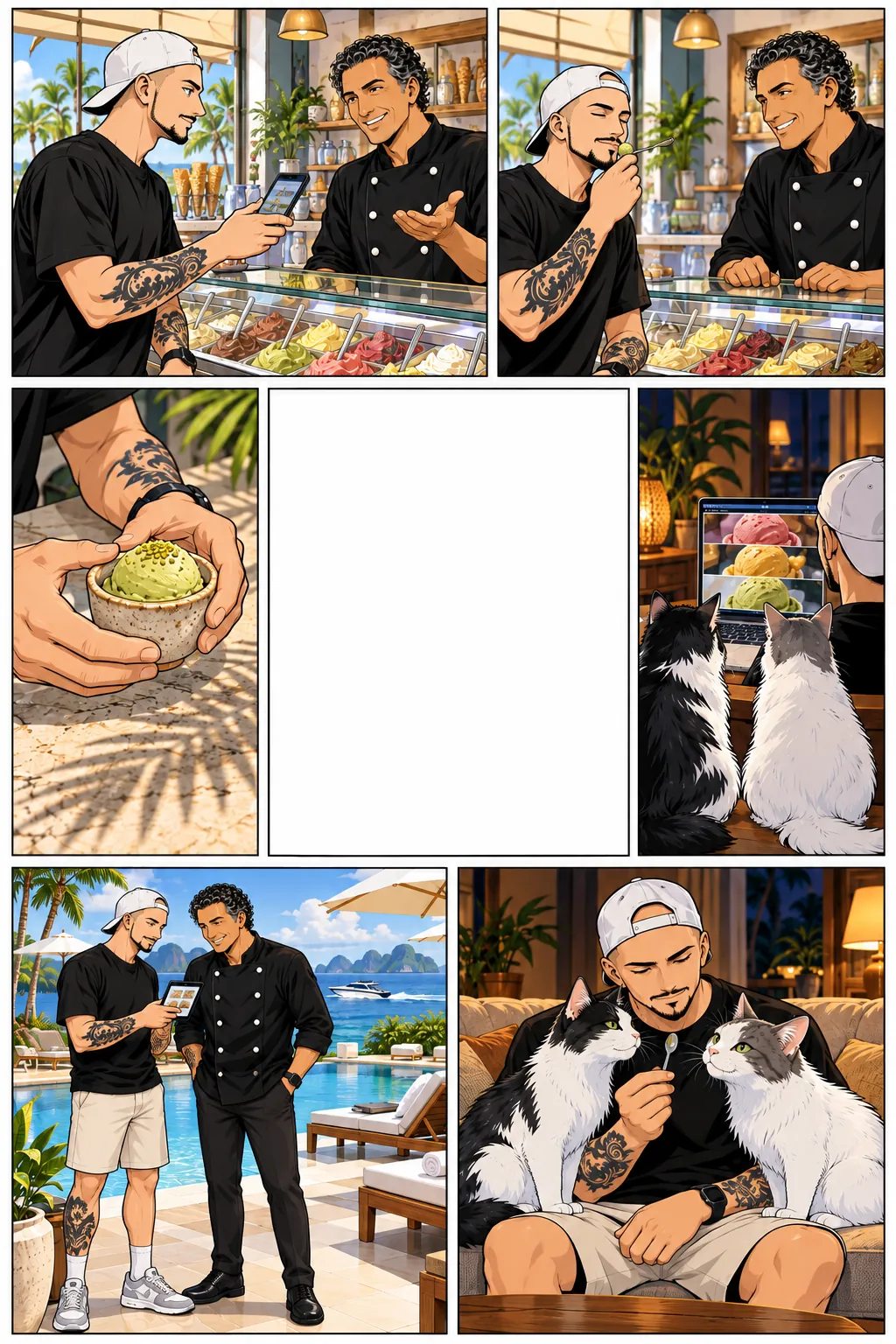Florent prueba el gelato de Flavio en su vitrina, saborea una copa de pistacho, construye el sitio bajo la mirada de Skunk y Bud, se lo presenta a Flavio junto a la piscina de un hotel y luego comparte una cucharada con sus gatos.