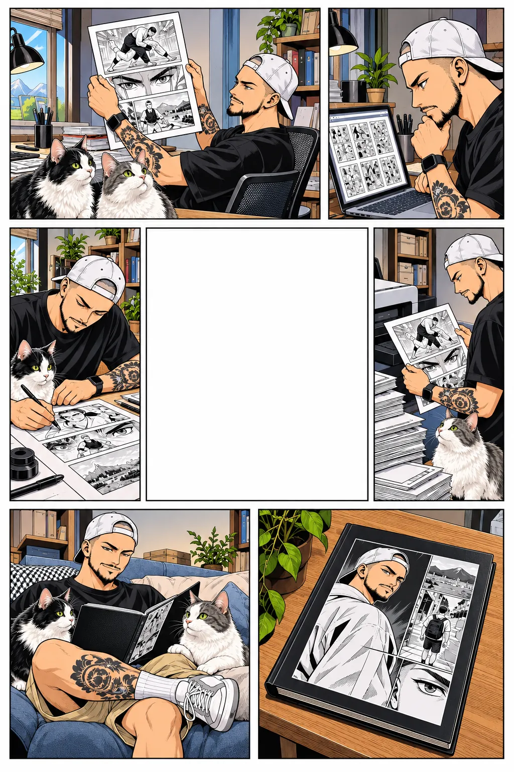 Florent dibuja las páginas de su propio manga, con Skunk y Bud a su lado, hasta su retrato enmarcado.