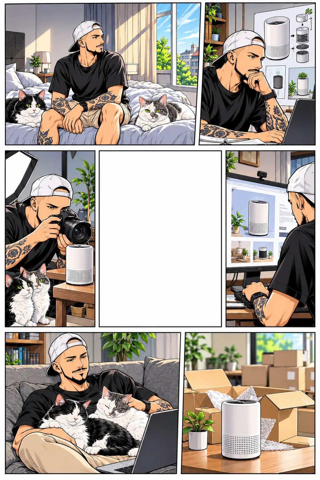 Al despertar junto a sus gatos, Florent imagina un mini purificador blanco, lo fotografía, construye su sitio y lo recibe en casa.