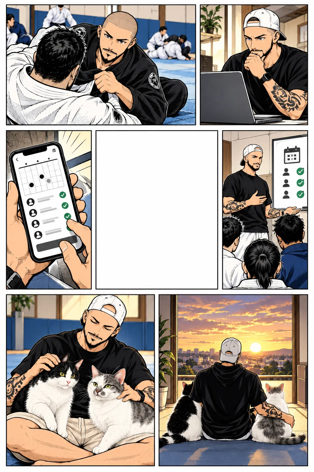Florent lucha en jiu-jitsu, piensa frente a su laptop, dibuja la aplicación en un celular y la presenta al club; por la noche, descansa con Skunk y Bud.